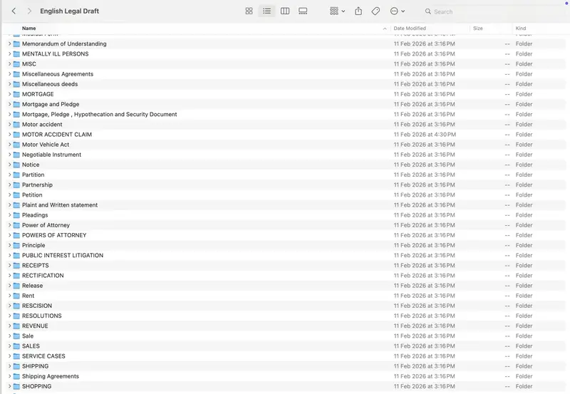 English Legal Drafts folder list D to M